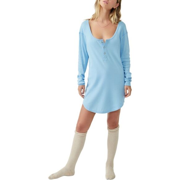 Free People Weekend Vibe Pajama Top Long Sleeve Button Neck Chambray Size Small - Picture 9 of 9